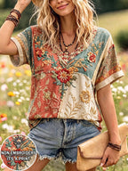 Selamara Bohemian Boho Style Beige Floral Embroidered V-Neck T-Shirt, Summer Vacation Casual Short Sleeve Top Picnic Vacation