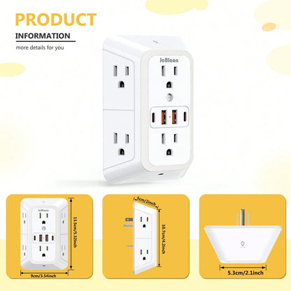 10 In 1 Wall Outlet Extender With Dimmable Night Light, Surge Protector Plug Expander 6 AC Outlets 2 USB-C 2 USB-A, Dusk To Dawn Sensor Outlet Adapter For Bedroom Hallway Bathroom