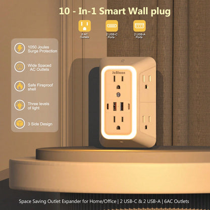 10 In 1 Wall Outlet Extender With Dimmable Night Light, Surge Protector Plug Expander 6 AC Outlets 2 USB-C 2 USB-A, Dusk To Dawn Sensor Outlet Adapter For Bedroom Hallway Bathroom
