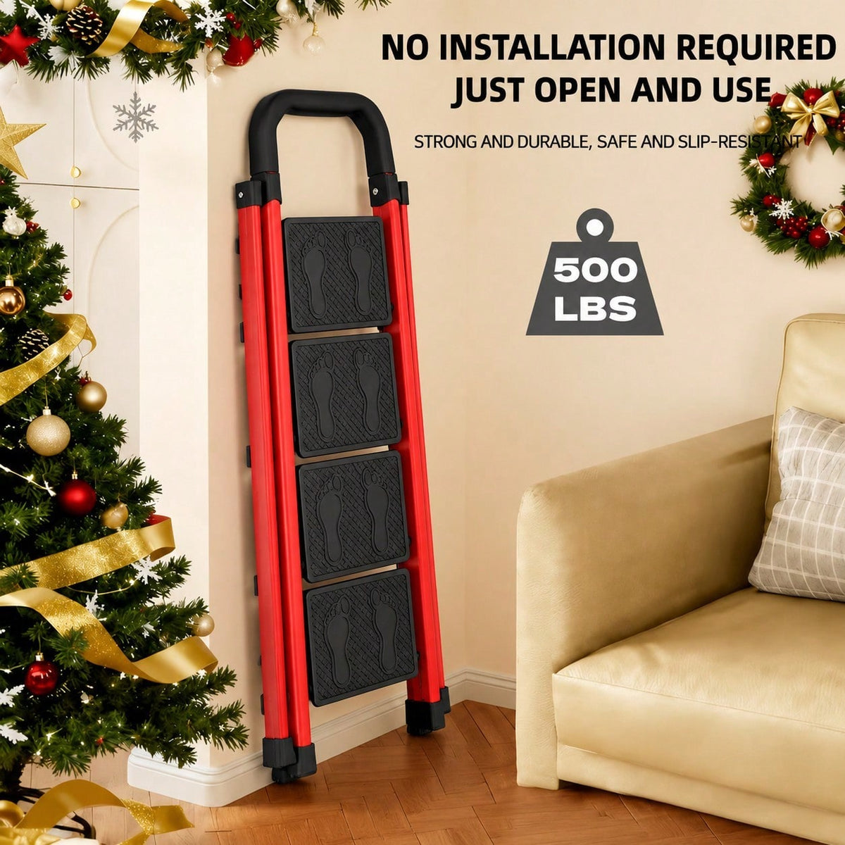 Heavy-Duty Thickened Folding Step Ladder, 3/4/5-Step Options, 500 Lbs Load Capacity, Space-Saving For Narrow Storage, Wide Anti-Slip Steps, Suitable For Household, Garage, Outdoor And Industrial Applications