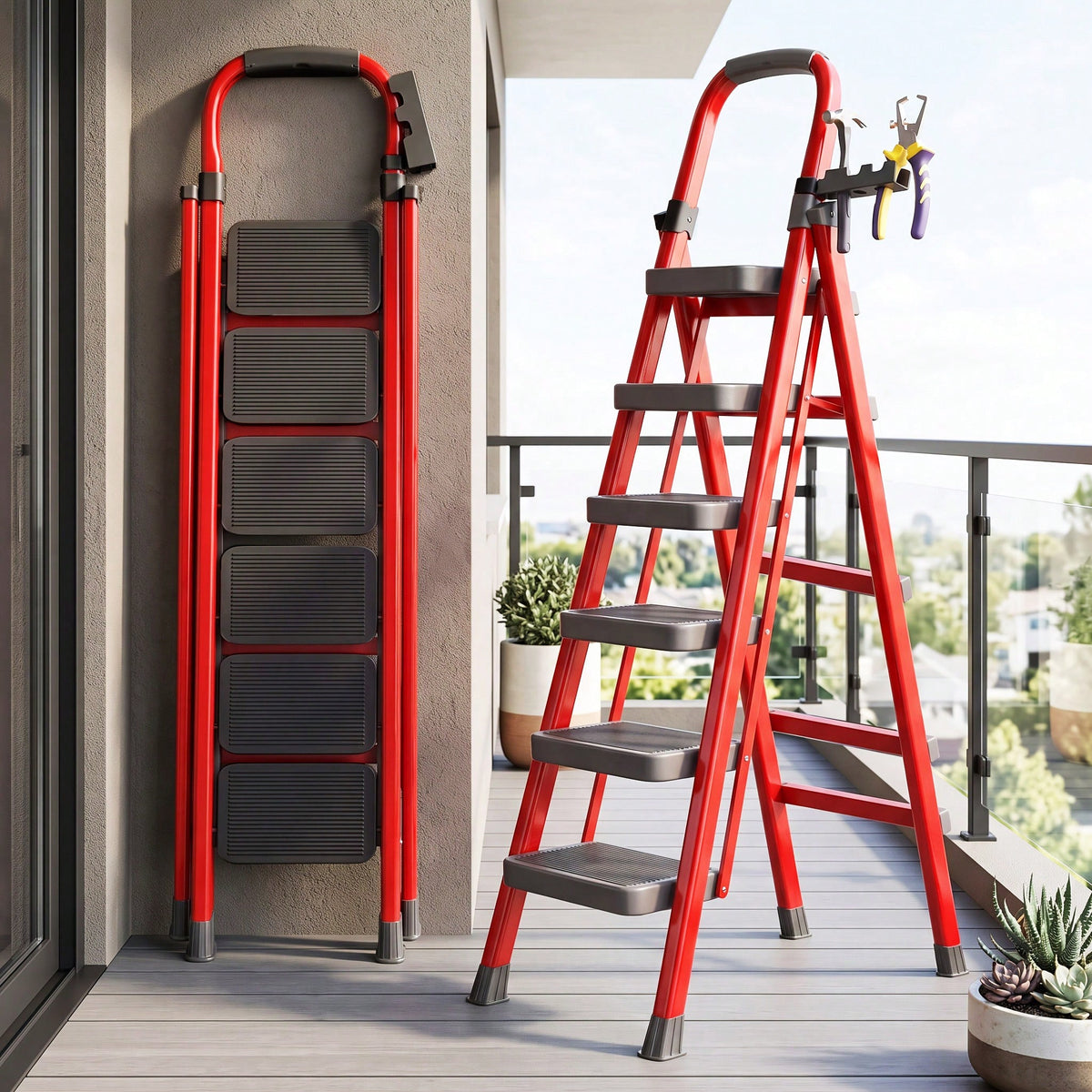 Heavy Duty Portable Folding Ladder 3/4/5/6 Steps 500LBS Capacity, Anti-Slip Wide Pedal, Metal Material, Lightweight And Durable, Multipurpose Ladder For Home And Industrial Use