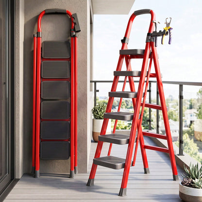 Heavy Duty Portable Folding Ladder 3/4/5/6 Steps 500LBS Capacity, Anti-Slip Wide Pedal, Metal Material, Lightweight And Durable, Multipurpose Ladder For Home And Industrial Use