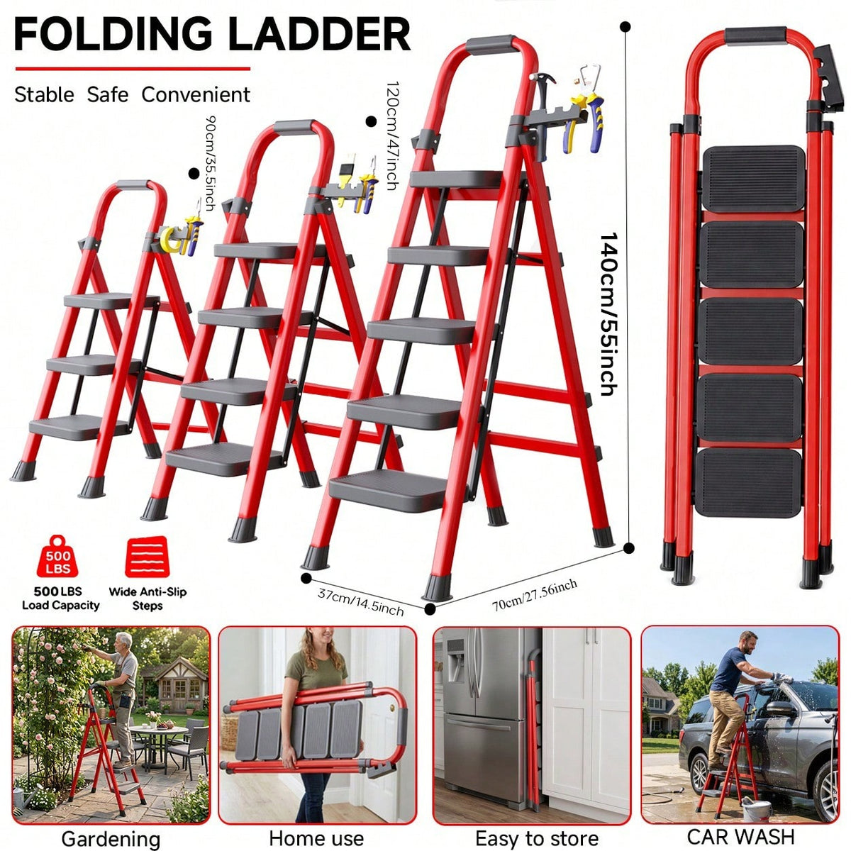 Heavy Duty Portable Folding Ladder 3/4/5/6 Steps 500LBS Capacity, Anti-Slip Wide Pedal, Metal Material, Lightweight And Durable, Multipurpose Ladder For Home And Industrial Use