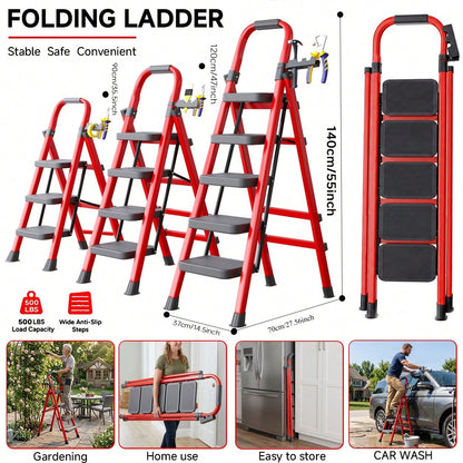 Heavy Duty Portable Folding Ladder 3/4/5/6 Steps 500LBS Capacity, Anti-Slip Wide Pedal, Metal Material, Lightweight And Durable, Multipurpose Ladder For Home And Industrial Use