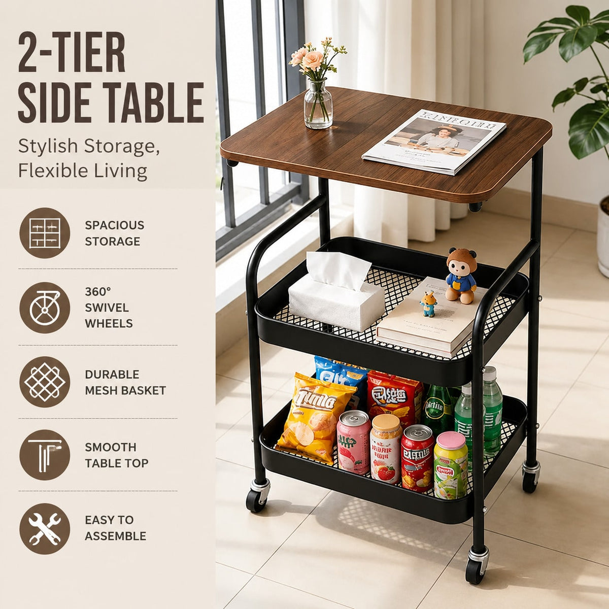 Multi-Layer Trolley Rack, Removable Metal Storage Rack, Snack Rack, Durable Steel Rack, Portable Wheels, Used For Storage And Organization In Bedrooms, Kitchens, Bathrooms, Offices And Dormitories