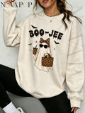 Women Thin Crewneck Sweatshirt, Boo-Jee Leopard Bow Ghost Bat Graphic Print, Back To School Fall Outfit For Women, Halloween Vacation Gift