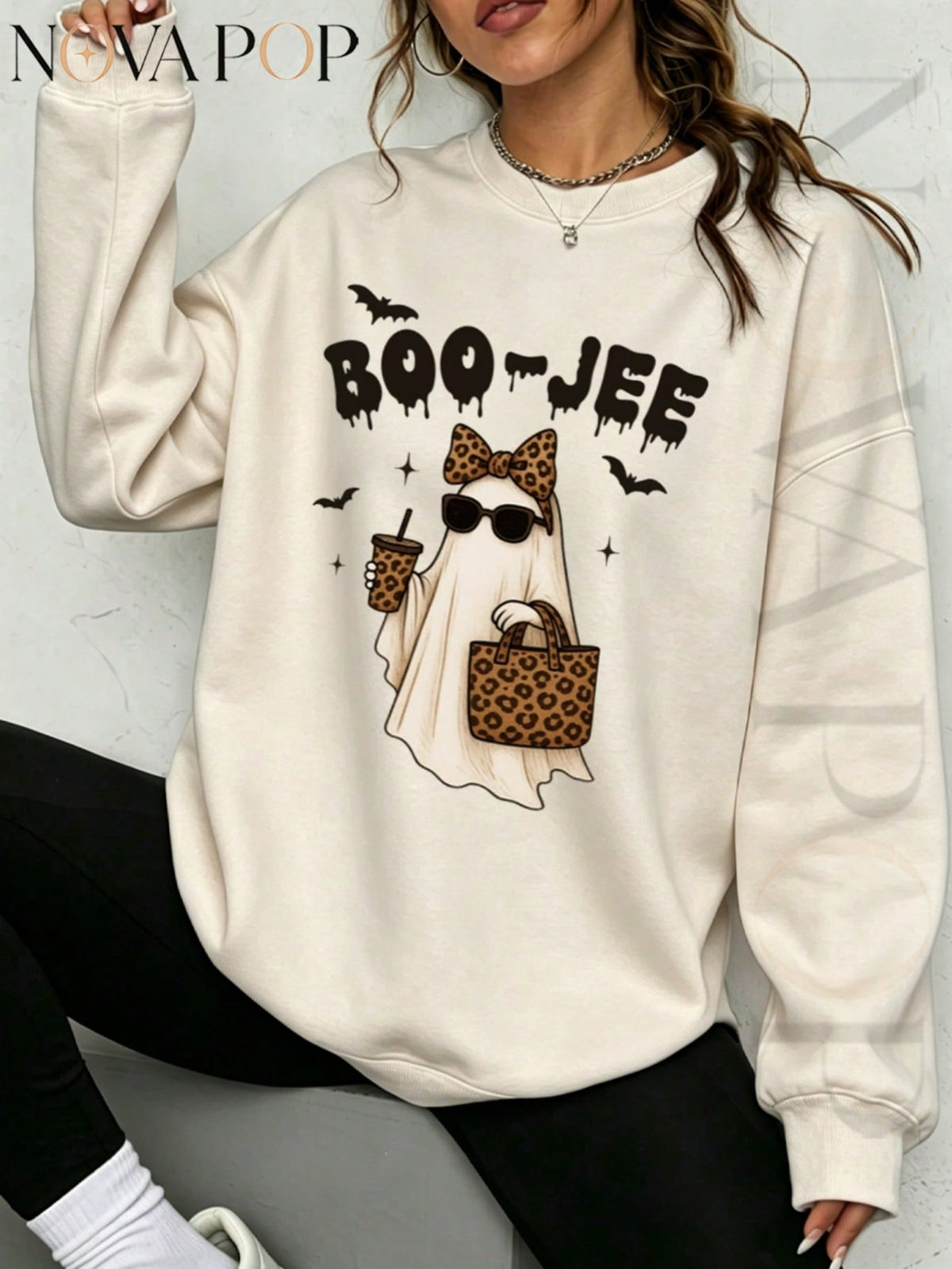 Women Thin Crewneck Sweatshirt, Boo-Jee Leopard Bow Ghost Bat Graphic Print, Back To School Fall Outfit For Women, Halloween Vacation Gift