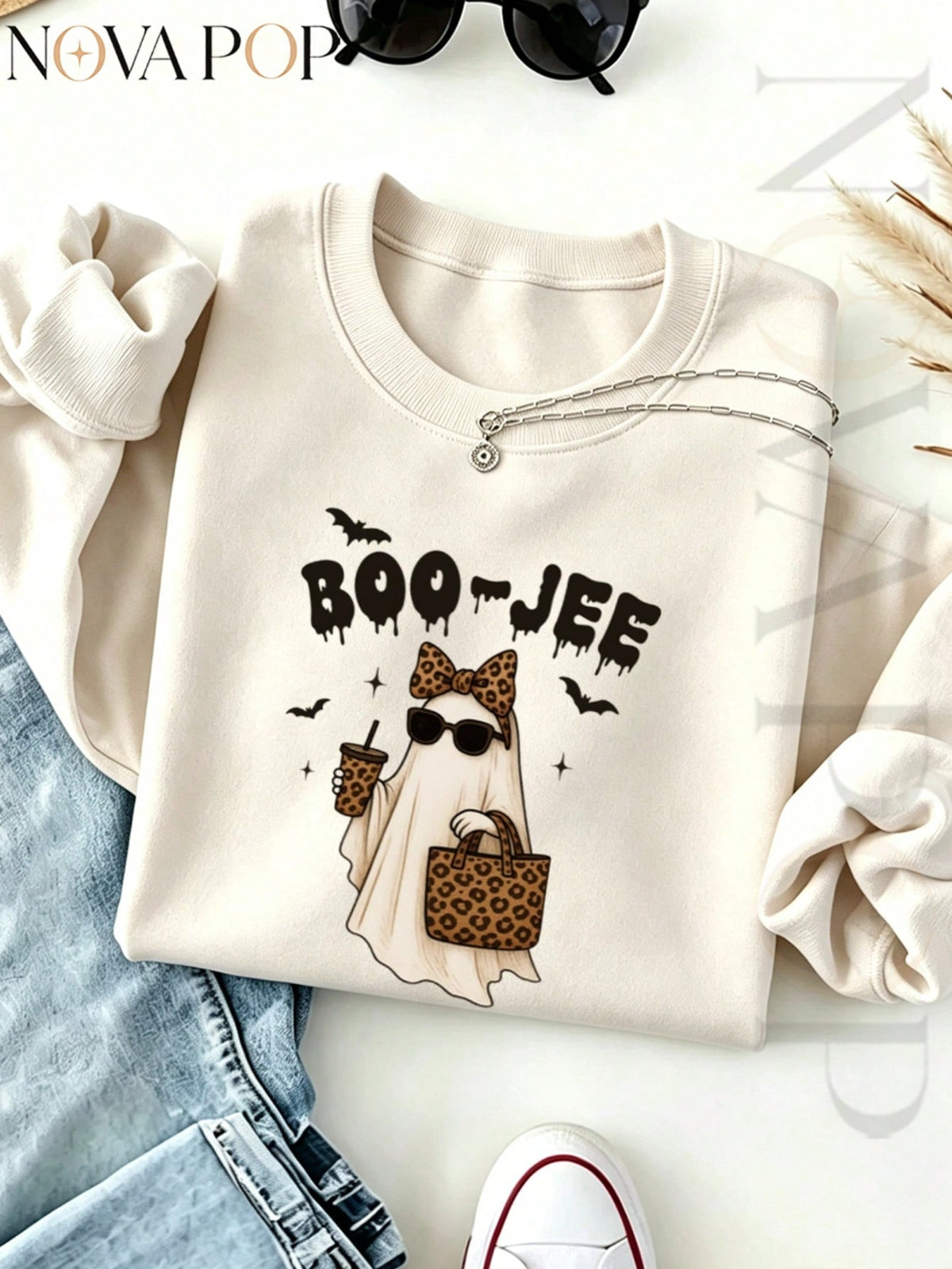 Women Thin Crewneck Sweatshirt, Boo-Jee Leopard Bow Ghost Bat Graphic Print, Back To School Fall Outfit For Women, Halloween Vacation Gift