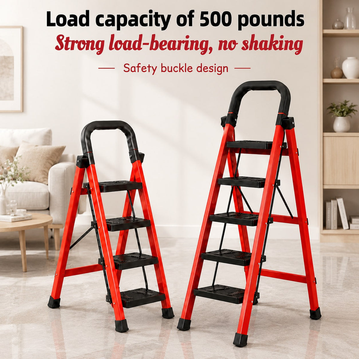 Heavy-Duty Thickened Folding Step Ladder, 3/4/5-Step Options, 500 Lbs Load Capacity, Space-Saving For Narrow Storage, Wide Anti-Slip Steps, Suitable For Household, Garage, Outdoor And Industrial Applications