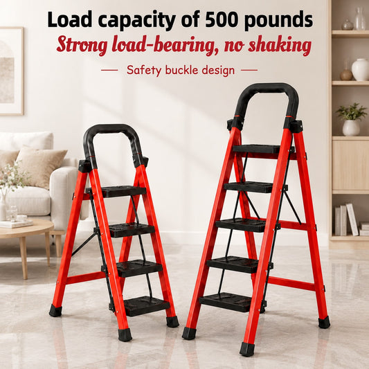 Heavy-Duty Thickened Folding Step Ladder, 3/4/5-Step Options, 500 Lbs Load Capacity, Space-Saving For Narrow Storage, Wide Anti-Slip Steps, Suitable For Household, Garage, Outdoor And Industrial Applications