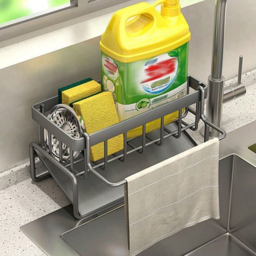 Kitchen Sink Organizer Rack with Towel Bar & Drainage Tray
