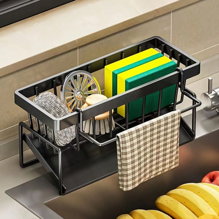 Kitchen Sink Organizer Rack with Towel Bar & Drainage Tray