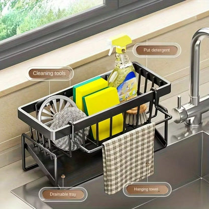 Kitchen Sink Organizer Rack with Towel Bar & Drainage Tray