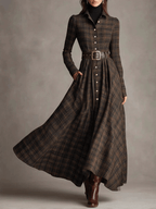 Retro Plaid Printed Lapel Shirt Dress Long Sleeve Belted Waist Side Pockets A Line Maxi Skirt Western Casual Women Outfit For Females