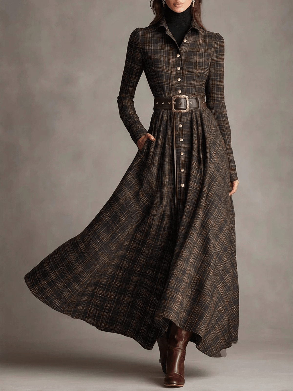 Retro Plaid Printed Lapel Shirt Dress Long Sleeve Belted Waist Side Pockets A Line Maxi Skirt Western Casual Women Outfit For Females