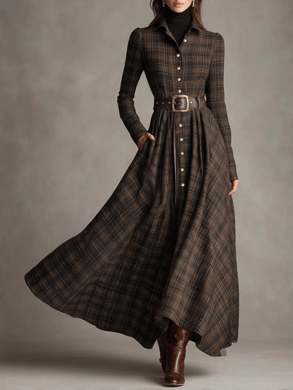 Retro Plaid Printed Lapel Shirt Dress Long Sleeve Belted Waist Side Pockets A Line Maxi Skirt Western Casual Women Outfit For Females