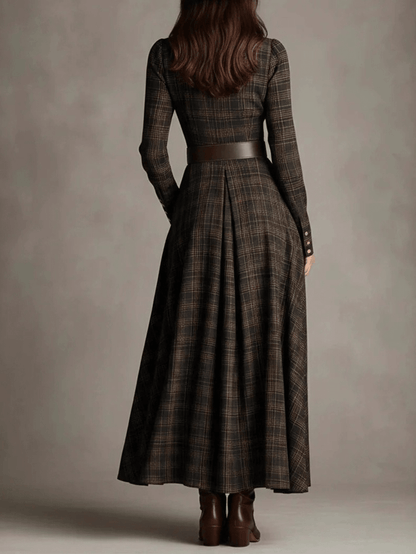 Retro Plaid Printed Lapel Shirt Dress Long Sleeve Belted Waist Side Pockets A Line Maxi Skirt Western Casual Women Outfit For Females