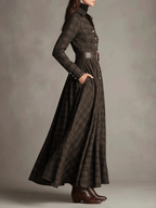 Retro Plaid Printed Lapel Shirt Dress Long Sleeve Belted Waist Side Pockets A Line Maxi Skirt Western Casual Women Outfit For Females