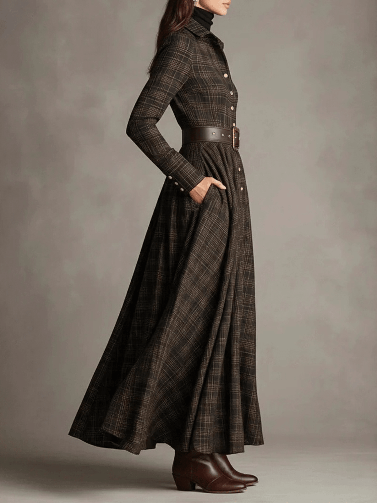 Retro Plaid Printed Lapel Shirt Dress Long Sleeve Belted Waist Side Pockets A Line Maxi Skirt Western Casual Women Outfit For Females