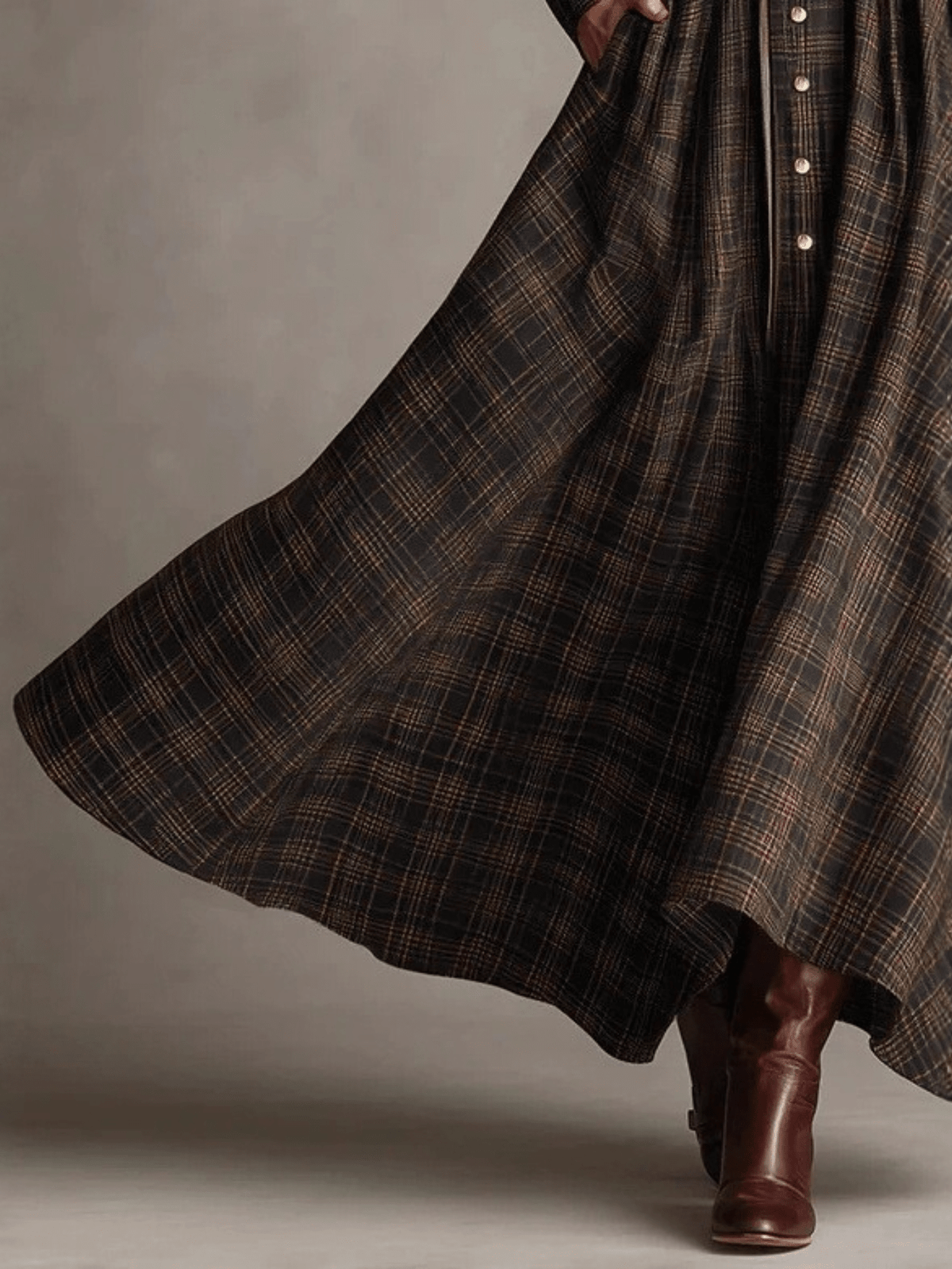 Retro Plaid Printed Lapel Shirt Dress Long Sleeve Belted Waist Side Pockets A Line Maxi Skirt Western Casual Women Outfit For Females