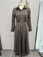 Retro Plaid Printed Lapel Shirt Dress Long Sleeve Belted Waist Side Pockets A Line Maxi Skirt Western Casual Women Outfit For Females