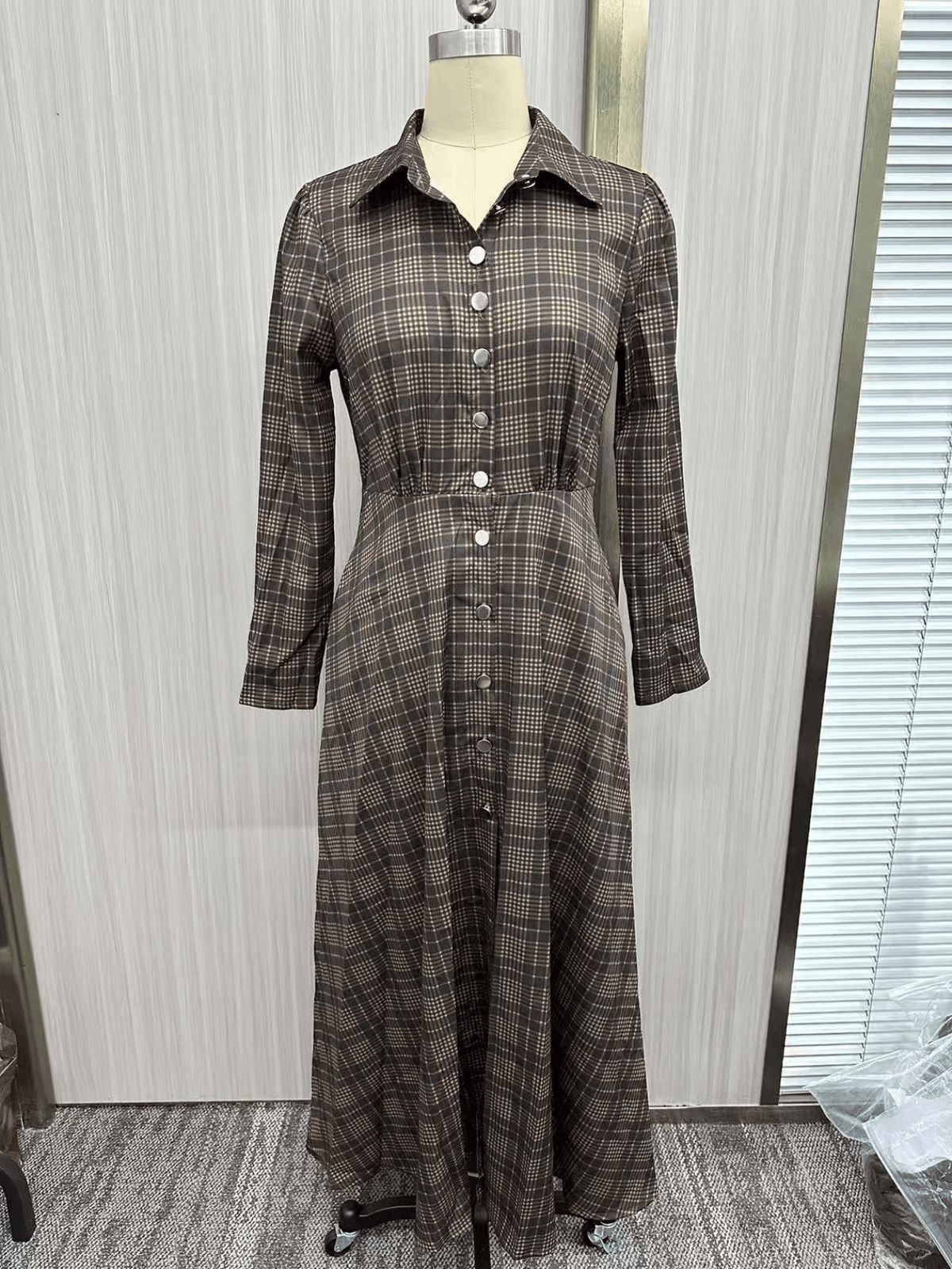 Retro Plaid Printed Lapel Shirt Dress Long Sleeve Belted Waist Side Pockets A Line Maxi Skirt Western Casual Women Outfit For Females