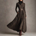 Retro Plaid Printed Lapel Shirt Dress Long Sleeve Belted Waist Side Pockets A Line Maxi Skirt Western Casual Women Outfit For Females