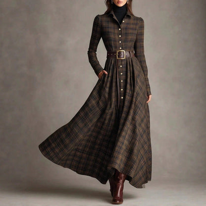 Retro Plaid Printed Lapel Shirt Dress Long Sleeve Belted Waist Side Pockets A Line Maxi Skirt Western Casual Women Outfit For Females