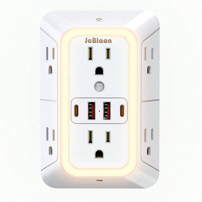 10 In 1 Wall Outlet Extender With Dimmable Night Light, Surge Protector Plug Expander 6 AC Outlets 2 USB-C 2 USB-A, Dusk To Dawn Sensor Outlet Adapter For Bedroom Hallway Bathroom