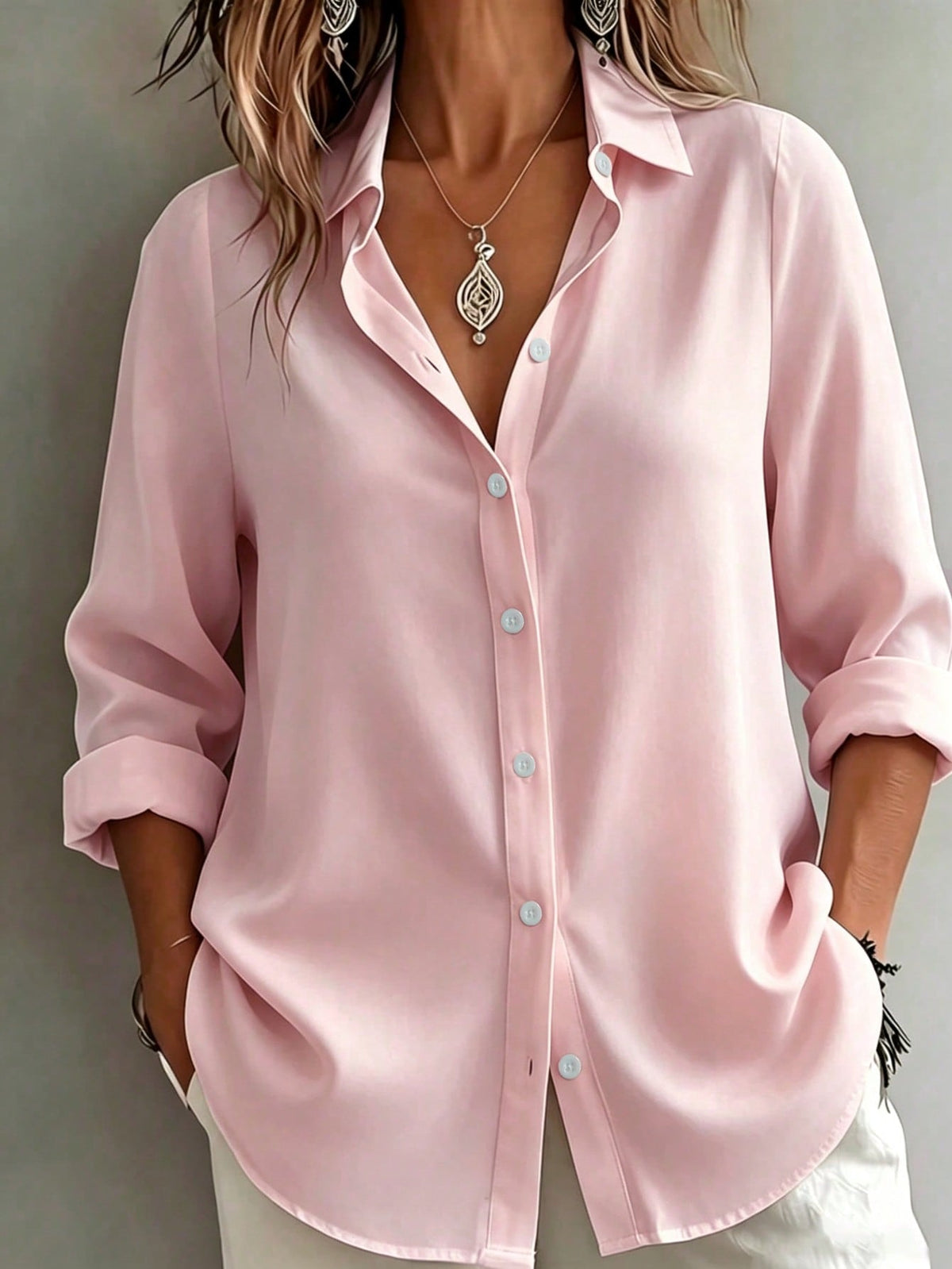 Women's Elegant Vacation Style Loose Slouchy Blouse, Commute Casual Artistic Design, Slimming And Flattering Everyday Elegant Shirt, Loose Fit White