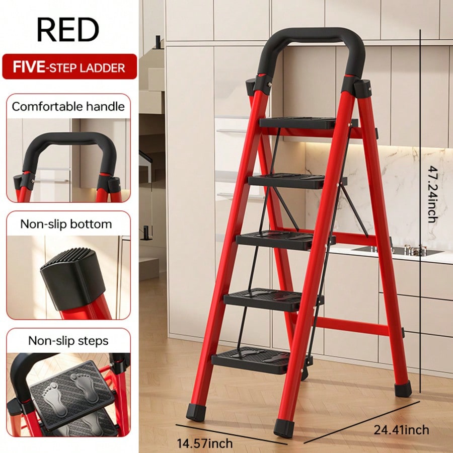 Heavy-Duty Thickened Folding Step Ladder, 3/4/5-Step Options, 500 Lbs Load Capacity, Space-Saving For Narrow Storage, Wide Anti-Slip Steps, Suitable For Household, Garage, Outdoor And Industrial Applications