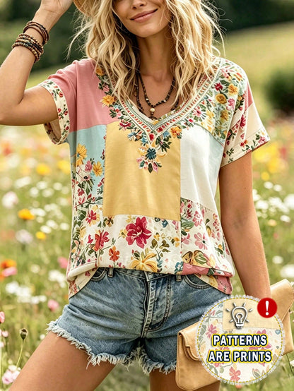 Selamara Bohemian Boho Style Beige Floral Embroidered V-Neck T-Shirt, Summer Vacation Casual Short Sleeve Top Picnic Vacation