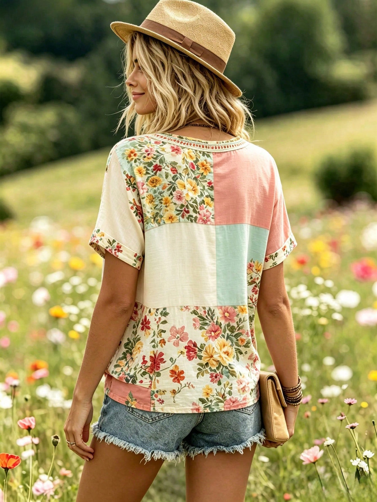 Selamara Bohemian Boho Style Beige Floral Embroidered V-Neck T-Shirt, Summer Vacation Casual Short Sleeve Top Picnic Vacation
