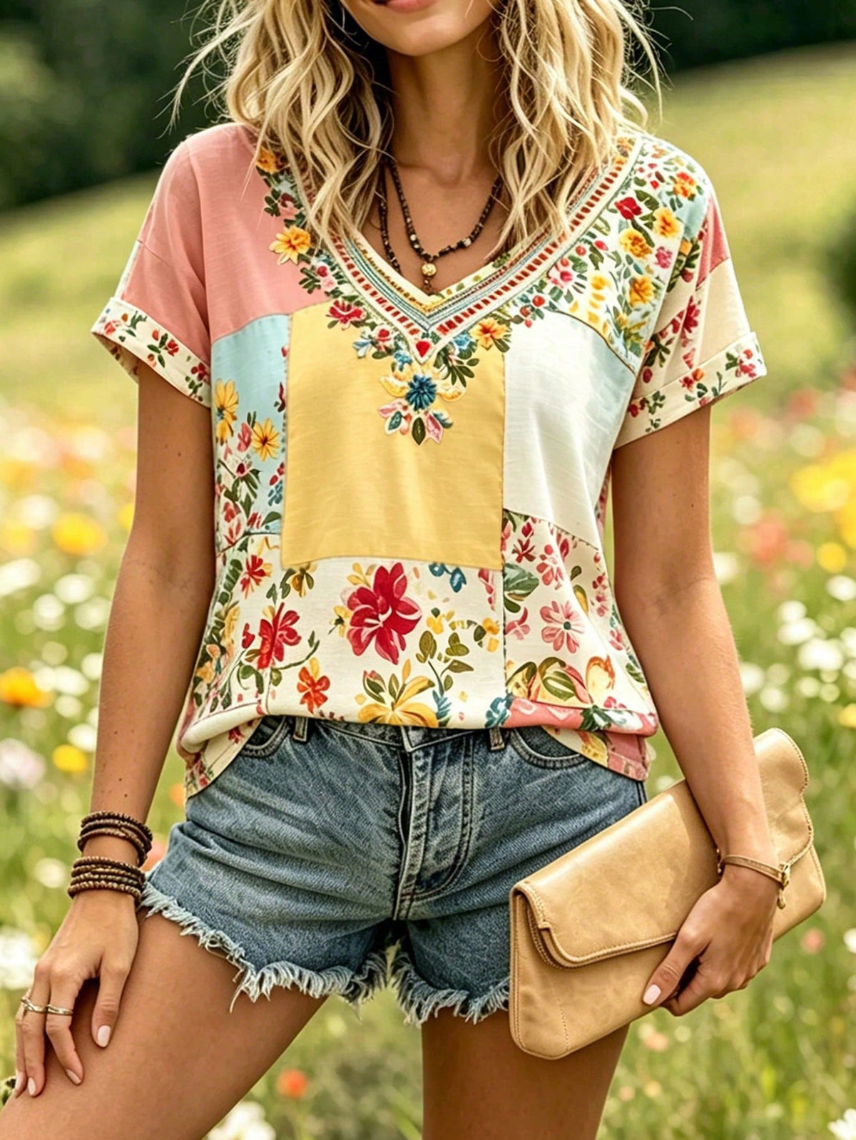 Selamara Bohemian Boho Style Beige Floral Embroidered V-Neck T-Shirt, Summer Vacation Casual Short Sleeve Top Picnic Vacation