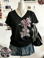 Selamara Bohemian Boho Style Beige Floral Embroidered V-Neck T-Shirt, Summer Vacation Casual Short Sleeve Top Picnic Vacation