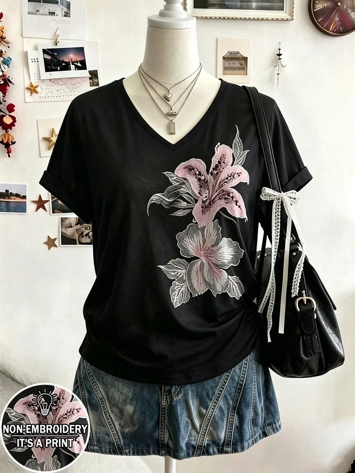 Selamara Bohemian Boho Style Beige Floral Embroidered V-Neck T-Shirt, Summer Vacation Casual Short Sleeve Top Picnic Vacation