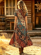 Women's Vintage Western Style V-Neck Printed Short Sleeve Casual Dress, Spring/Summer Vacation Elegant