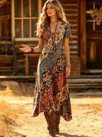 Women's Vintage Western Style V-Neck Printed Short Sleeve Casual Dress, Spring/Summer Vacation Elegant