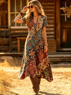 Women's Vintage Western Style V-Neck Printed Short Sleeve Casual Dress, Spring/Summer Vacation Elegant