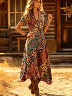 Women's Vintage Western Style V-Neck Printed Short Sleeve Casual Dress, Spring/Summer Vacation Elegant