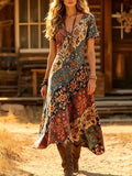 Women's Vintage Western Style V-Neck Printed Short Sleeve Casual Dress, Spring/Summer Vacation Elegant
