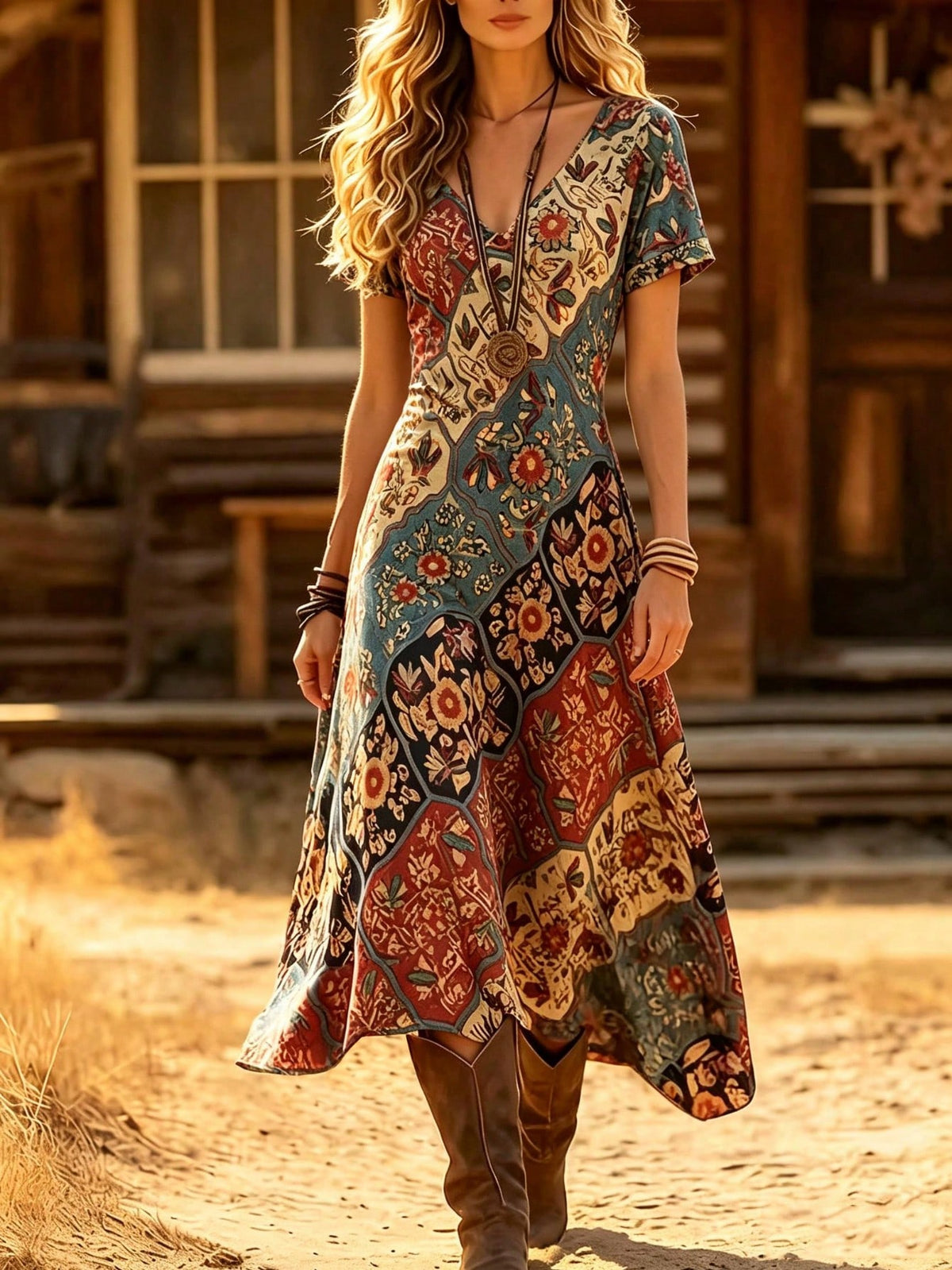 Women's Vintage Western Style V-Neck Printed Short Sleeve Casual Dress, Spring/Summer Vacation Elegant