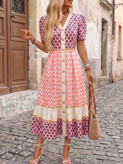 SHEIN Holidaya Women's Vintage Boho Old Money Geometric Print V-Neck Button-Down Short Sleeve Casual Dress Everyday Picnic Outing Party Vacation Green Summer
