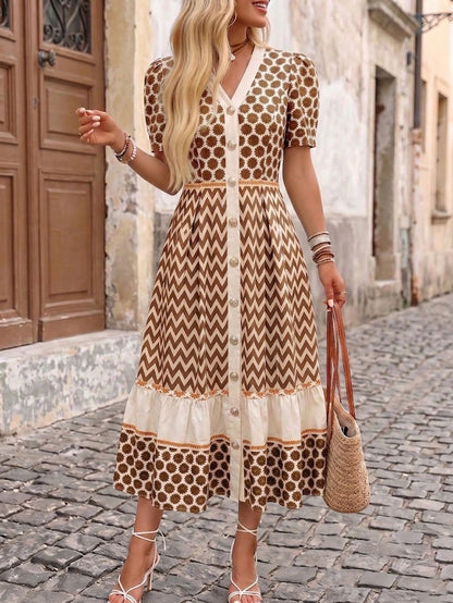 SHEIN Holidaya Women's Vintage Boho Old Money Geometric Print V-Neck Button-Down Short Sleeve Casual Dress Everyday Picnic Outing Party Vacation Green Summer
