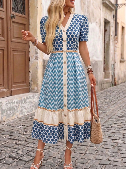 SHEIN Holidaya Women's Vintage Boho Old Money Geometric Print V-Neck Button-Down Short Sleeve Casual Dress Everyday Picnic Outing Party Vacation Green Summer