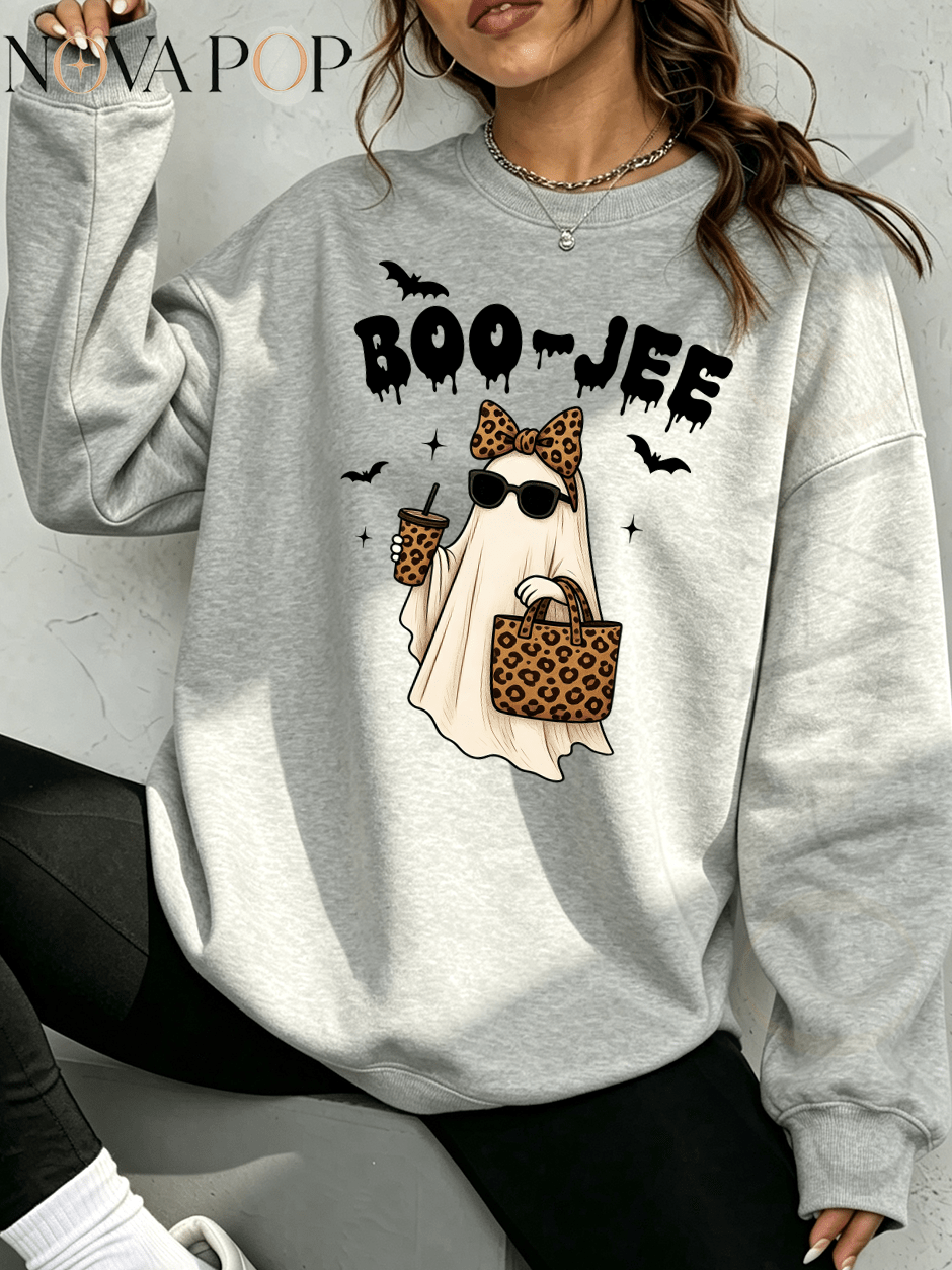 Women Thin Crewneck Sweatshirt, Boo-Jee Leopard Bow Ghost Bat Graphic Print, Back To School Fall Outfit For Women, Halloween Vacation Gift