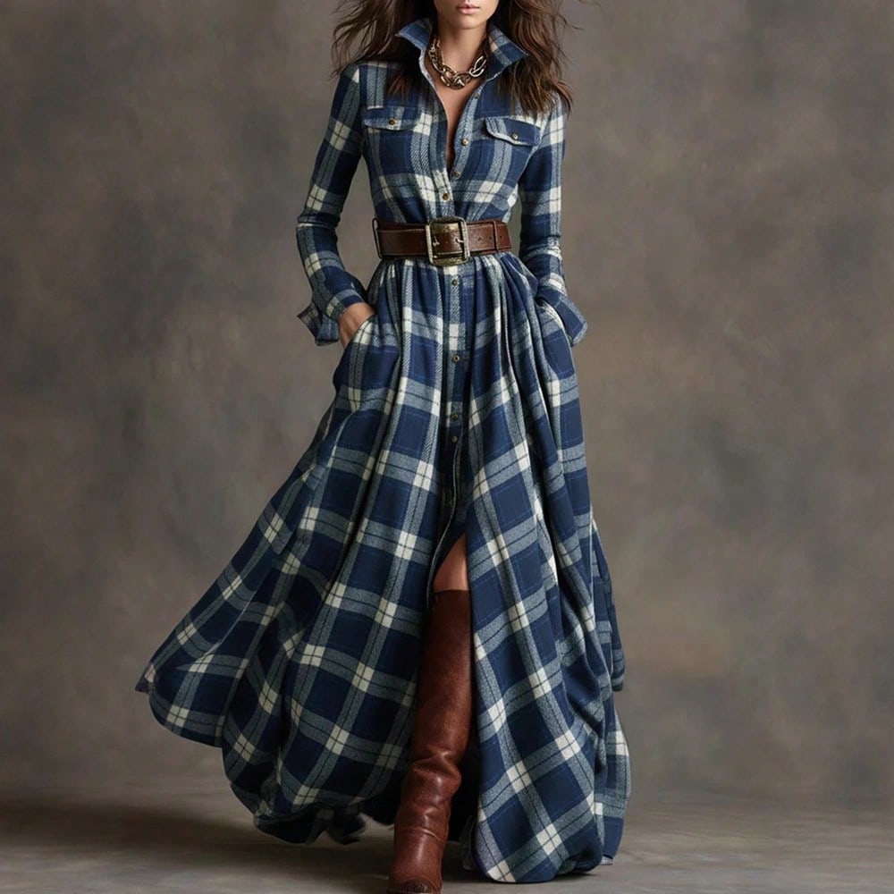 Retro Western Tartan Maxi Dress, Lapel Button Down Long Sleeve Chest Pockets Ruched Waist Front Slit Flowy Dress For Fall Street Outfit