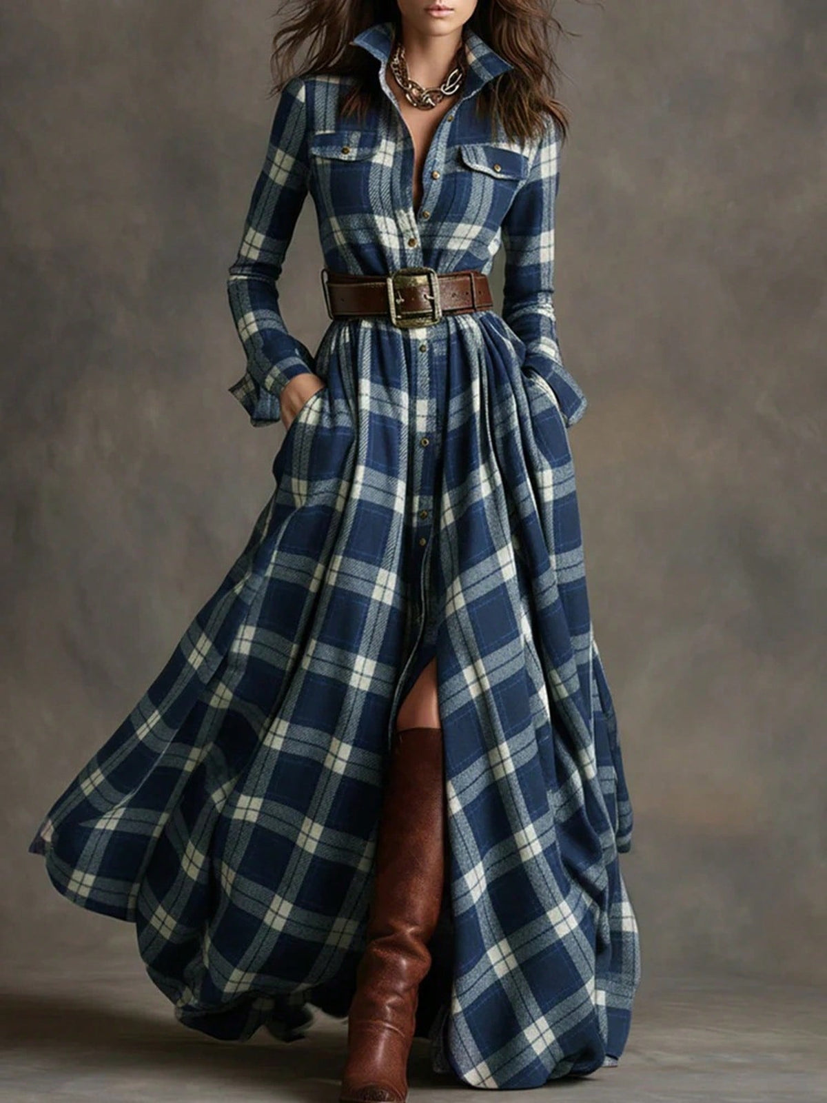 Retro Western Tartan Maxi Dress, Lapel Button Down Long Sleeve Chest Pockets Ruched Waist Front Slit Flowy Dress For Fall Street Outfit
