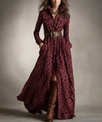 Retro Western Tartan Maxi Dress, Lapel Button Down Long Sleeve Chest Pockets Ruched Waist Front Slit Flowy Dress For Fall Street Outfit