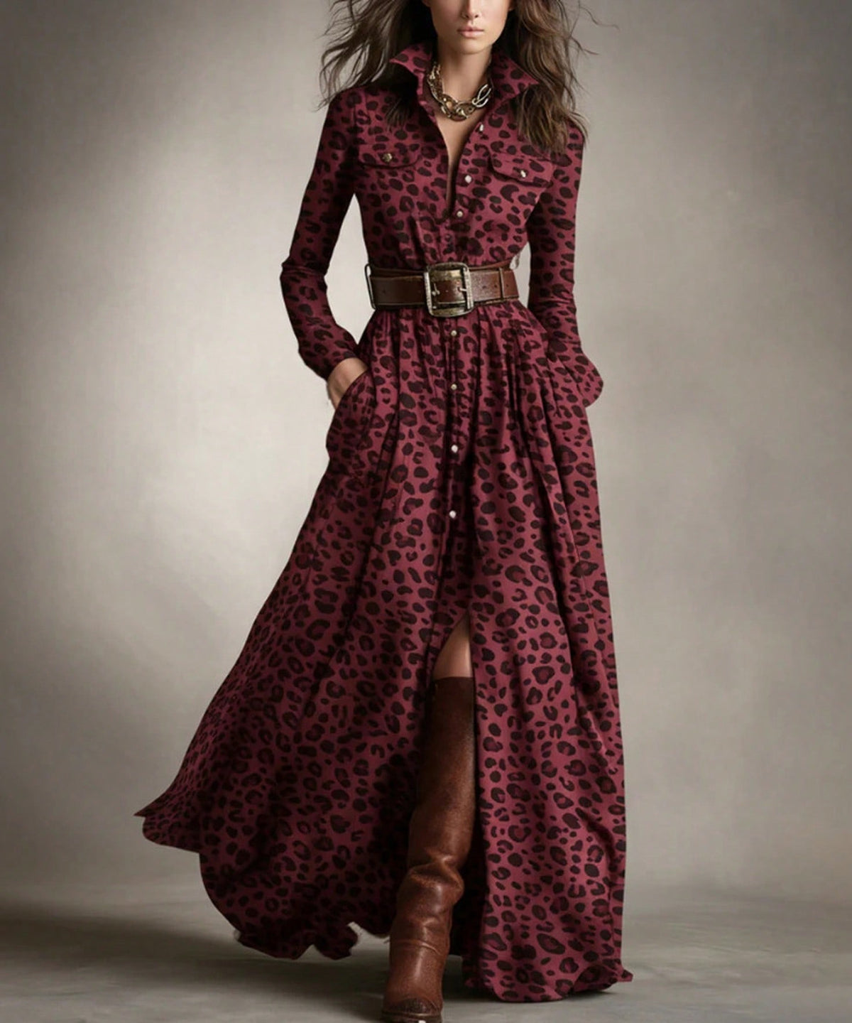 Retro Western Tartan Maxi Dress, Lapel Button Down Long Sleeve Chest Pockets Ruched Waist Front Slit Flowy Dress For Fall Street Outfit